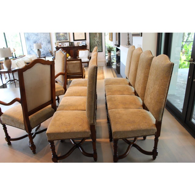 Vintage Provence Collection From Bussandri Arte Louis XIV Style Fabric & Leather Dining Chairs, Set of 10, C. 2003 For Sale - Image 11 of 18