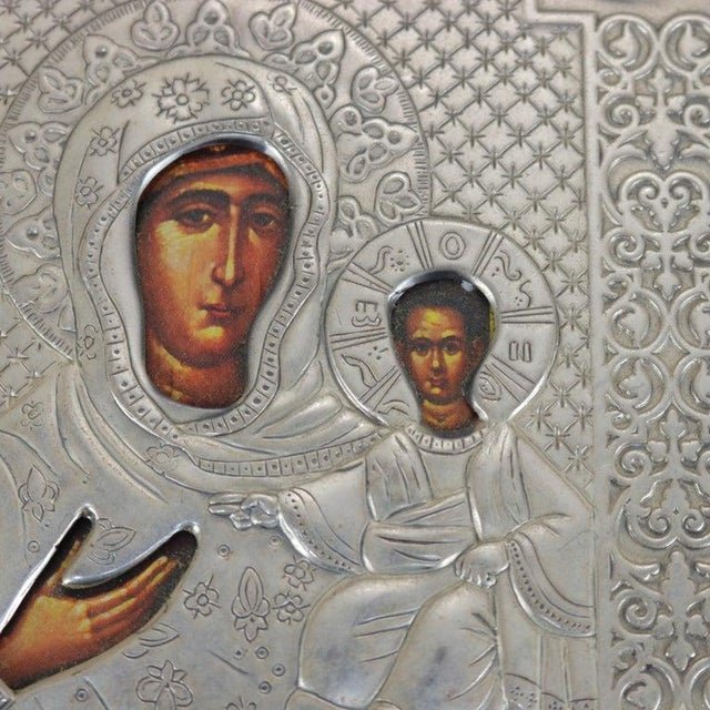 Early 20th Century Religious Icon Portrait of Mary & Baby Jesus Encased in Sterling Silver For Sale - Image 6 of 7