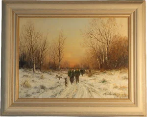 Gernot Rasenberger, Hunters at Dusk, 20th Century, Oil on Canvas, Framed
