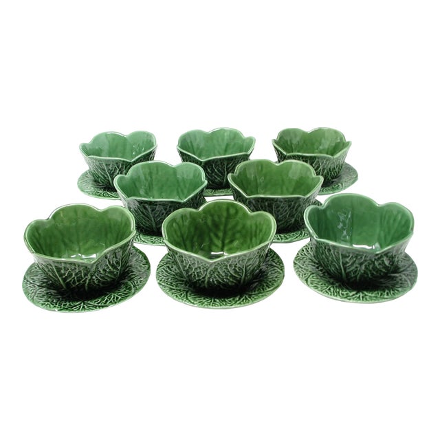 Vintage Majolica Green Cabbage Leaf Bowls and Underplates 16 Pieces