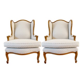 French Provincial Wingback Chairs With Geometric Upholstery Attributed to Baker - A Pair For Sale