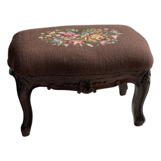 Vintage Needlepoint Footstool With Flowers For Sale