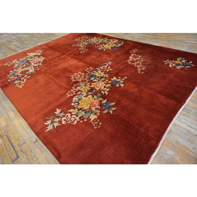1930s Red Modernist Flowers Antique Chinese Art Deco Carpet 8'10'' X 11'4'' Knotted Wool Rug For Sale - Image 4 of 12