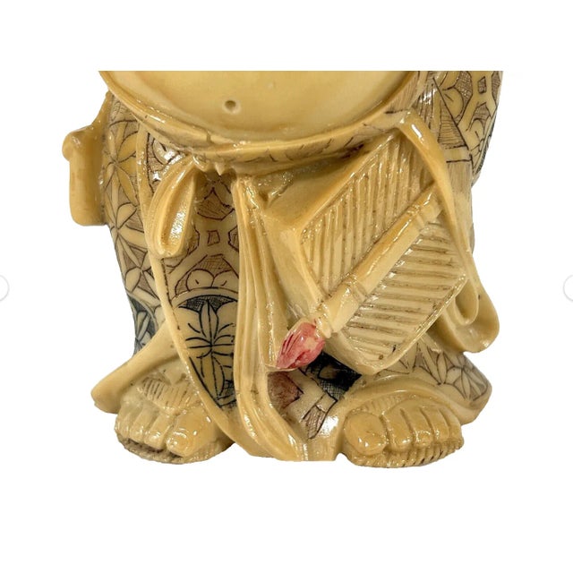 Wood Antique Faux Ivory Standing Laughing Buddha - Ho Tei, Budai on Carved Wood Stand For Sale - Image 7 of 8