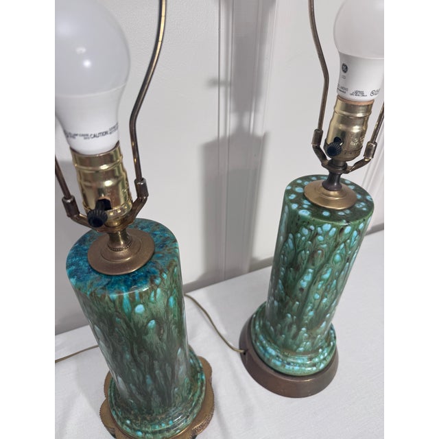 Vintage Mid Century Hollywood Regency Drip Glaze Ceramic Aqua, Brass & Gold Leaf Shaded Table Lamps, a Pair For Sale - Image 13 of 18