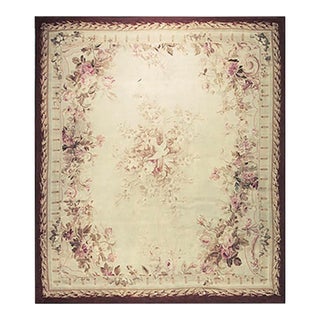 1850s Ivory Ground Floral Medallion Antique French Aubusson Flatweave Wool Rug For Sale