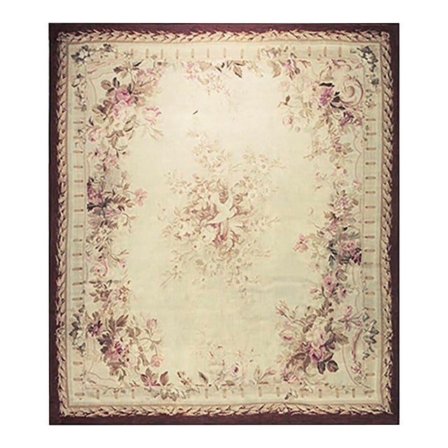 1850s Ivory Ground Floral Medallion Antique French Aubusson Flatweave Wool Rug For Sale