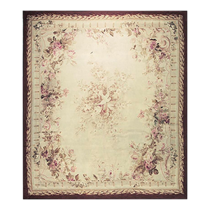 1850s Ivory Ground Floral Medallion Antique French Aubusson Flatweave Wool Rug