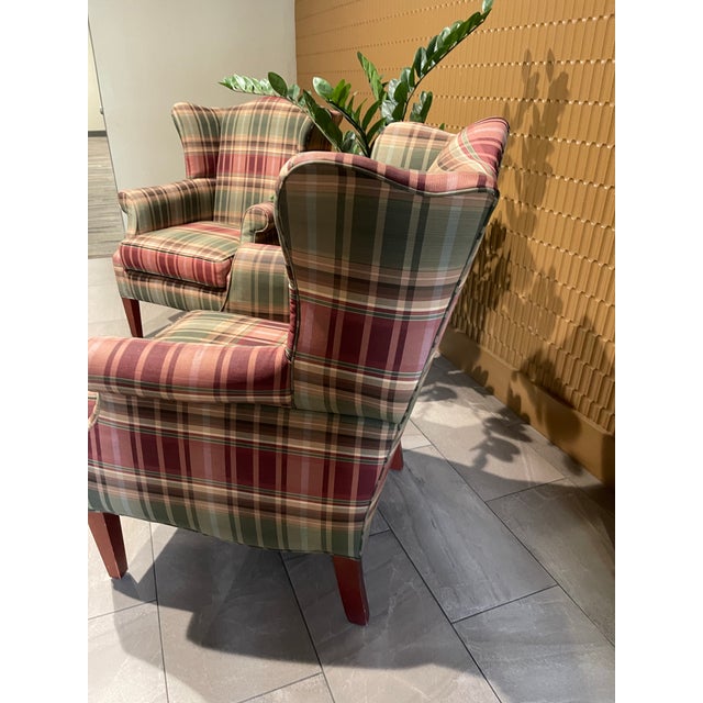Custom Calico Corners Tartan Plaid & Wood Wingback Chairs, English Country - A Pair For Sale - Image 4 of 12