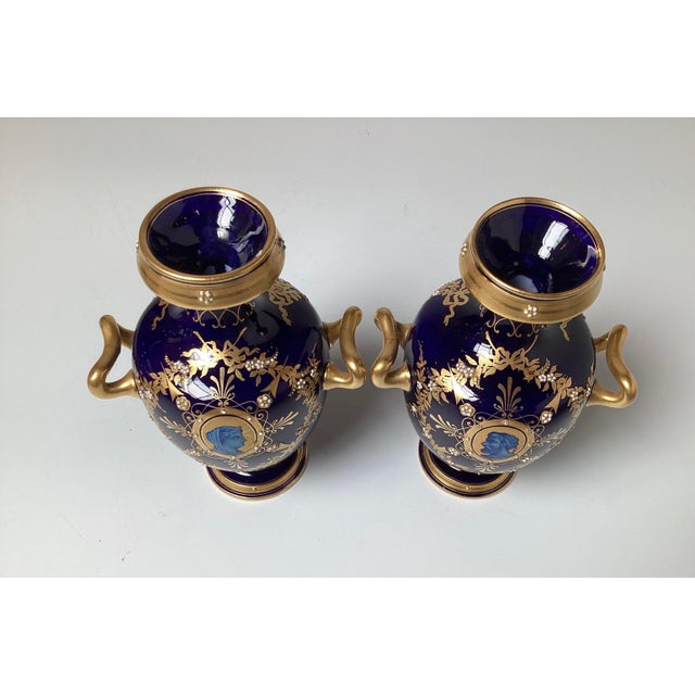 Neoclassical A Diminutive Pair of Cobalt and Gilt Porcelain Neoclassical Cabinet Vases For Sale - Image 3 of 8