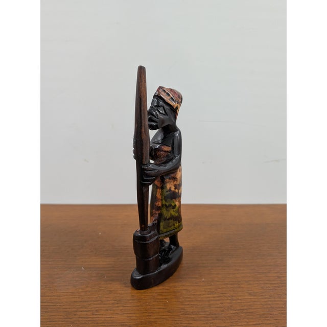 African Hand-Carved Ghanaian Wooden Sculpture – Woman Pounding Fufu For Sale - Image 3 of 6