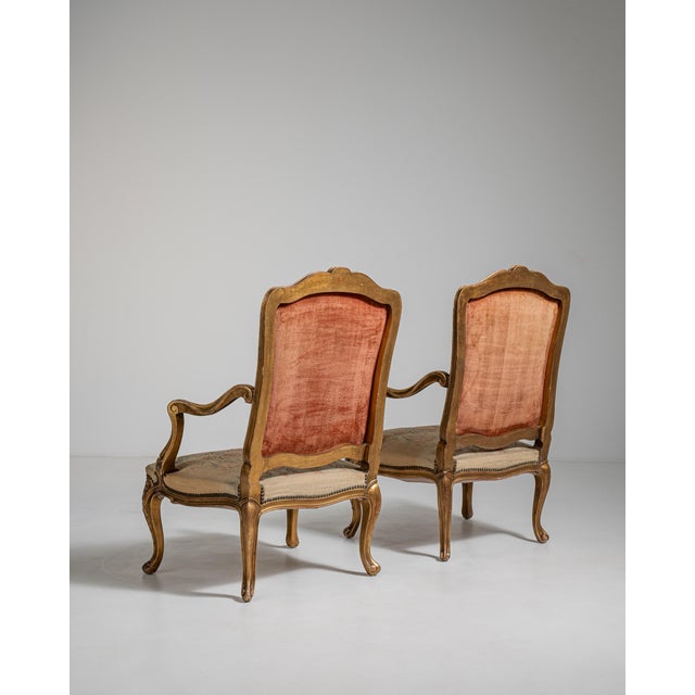 19th Century Pair of Louis XV Giltwood Armchairs with Tapestry Upholstery, Rococo Style, France, 19th Century For Sale - Image 5 of 12