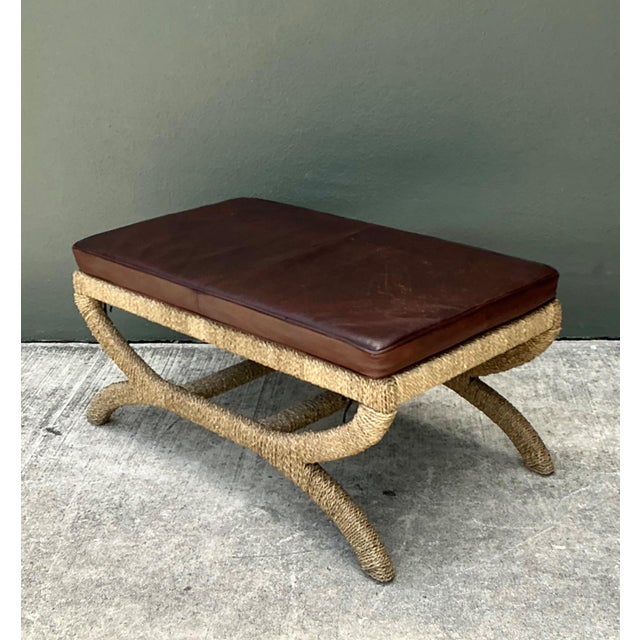 Vintage Rattan and Leather Bench For Sale In West Palm - Image 6 of 18