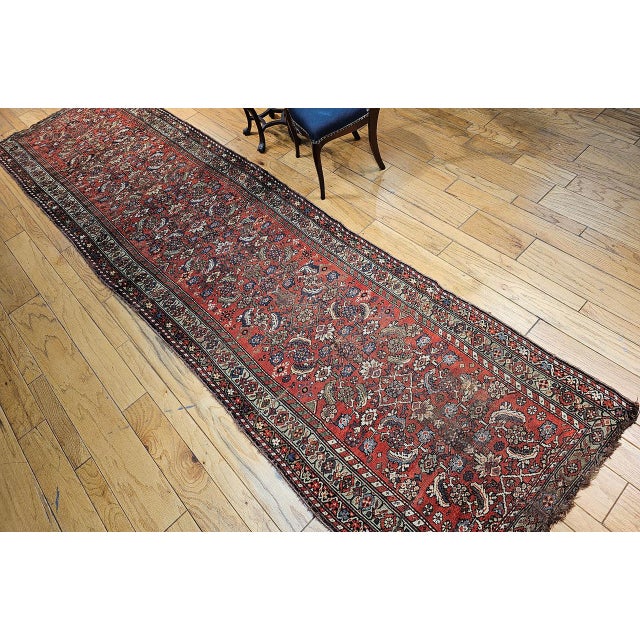 Persian 19th Century Persian Farahan Wide Runner, Hand-Knotted Wool, Allover Herati Geometric Pattern, Red & Green, 4x14 For Sale - Image 3 of 16