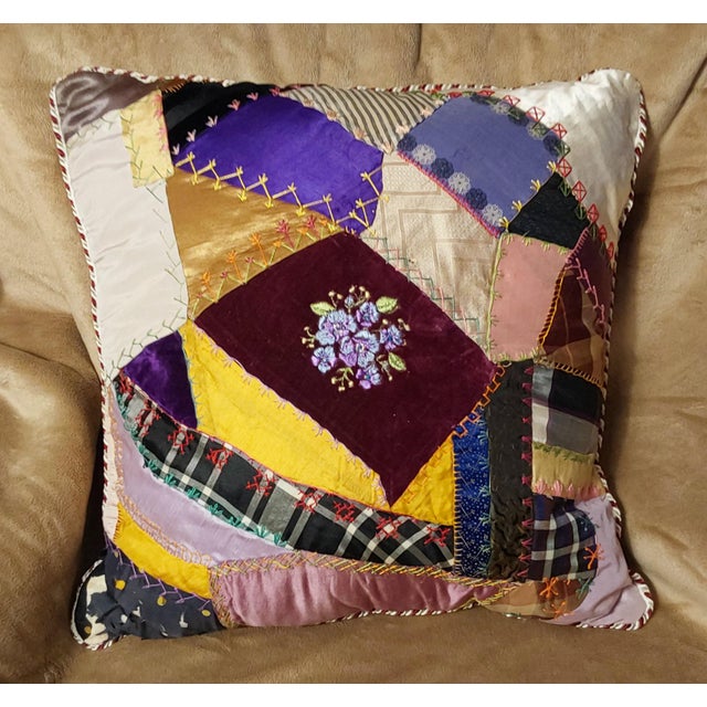 Textile 1870s Crazy Quilt Pillow 18 Inches 2 .... Great Colors For Sale - Image 7 of 7