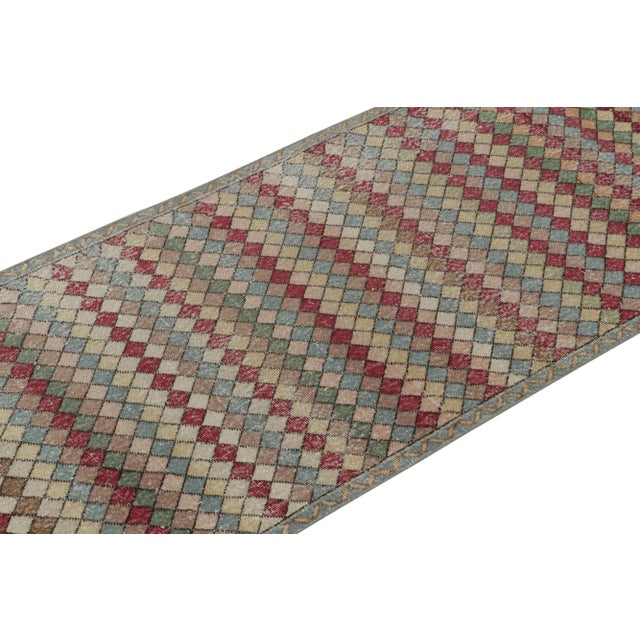 Rug & Kilim 1960s Vintage Distressed Deco Rug in Blue, Multicolor Geometric Pattern For Sale - Image 4 of 8