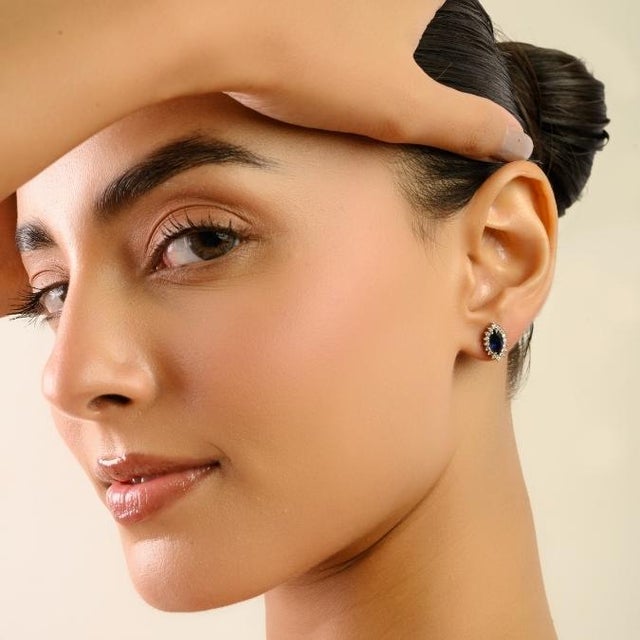 14k Gold Round Diamond & Marquise Cut Deep Sapphire Stud Earrings- 2 Pieces For Sale - Image 4 of 14