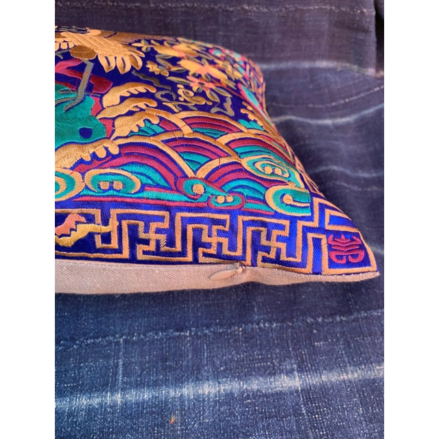 Textile Hollywood Regency Royal Blue & Gold Silk Embroidered Cranes Chinoiserie Boudoir Lumbar Pillow For Sale - Image 7 of 11
