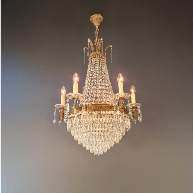 Antique Empire Style Brass Crystal Chandelier Neoclassical European Basket For Sale - Image 4 of 11