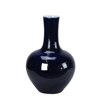 Asian Modern Deep Blue Long Neck Porcelain Vase For Sale
