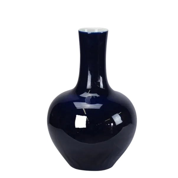 Asian Modern Deep Blue Long Neck Porcelain Vase For Sale