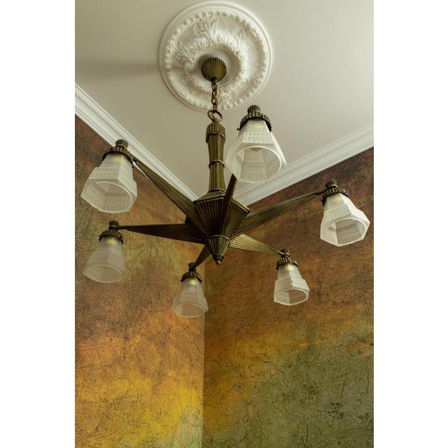 Art Deco French Bronze and Frosted White Glass Six-Light Chandelier, 1920 For Sale - Image 3 of 18