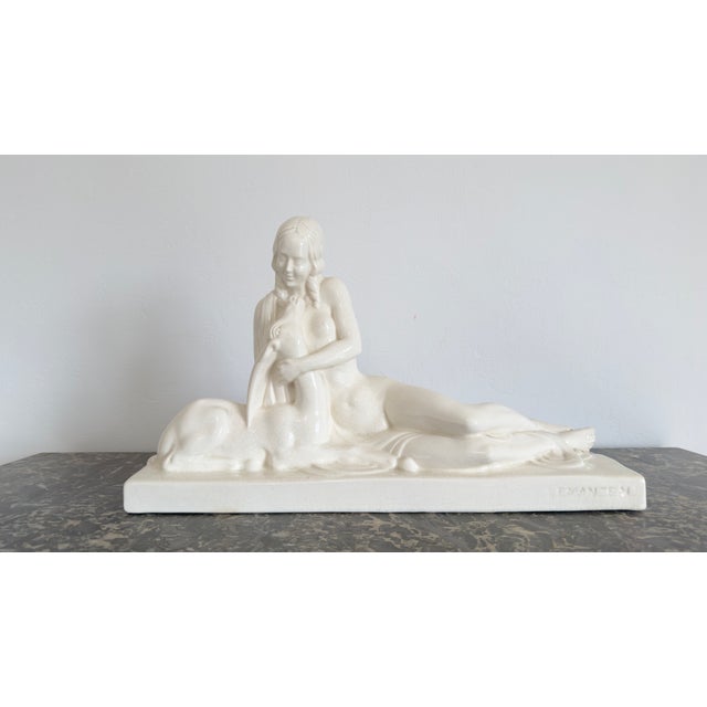 Ceramic Art Deco Sculpture of Woman with a Doe in Crackle-Glazed Ceramic by Charles Lemanceau, 1930s For Sale - Image 7 of 7