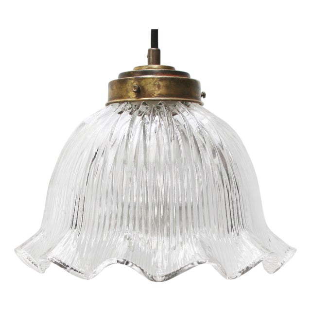 Vintage French Holophane Clear Pressed Glass Pendant Light For Sale