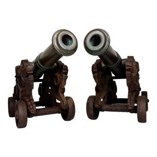 Pair Small 19th Century Chinese Brass Signal Cannons With Dragon Carriages For Sale