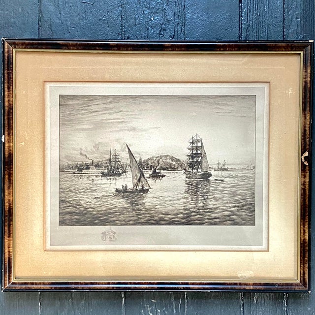 Charles A. Vanderhoof etching of San Francisco Bay (1890). Etching shows sailing ships, fishing boats, the steamboat...