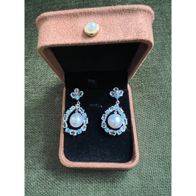 White Bochic "Orient" Blue & White Topaz White Pearls Earrings Set 18K Gold & Silver For Sale - Image 8 of 10