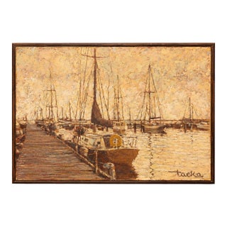 William Tacke Original Impressionist Harbor Painting, Sailboats at Dock, Framed For Sale