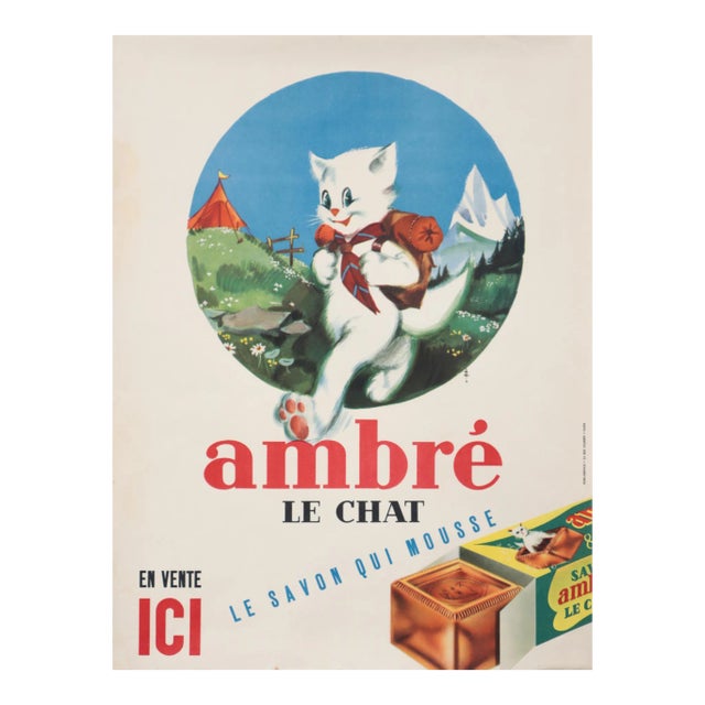 1940's French Soap Advertisement - Ambré Le Chat (Le Savon Qui Mousse) For Sale