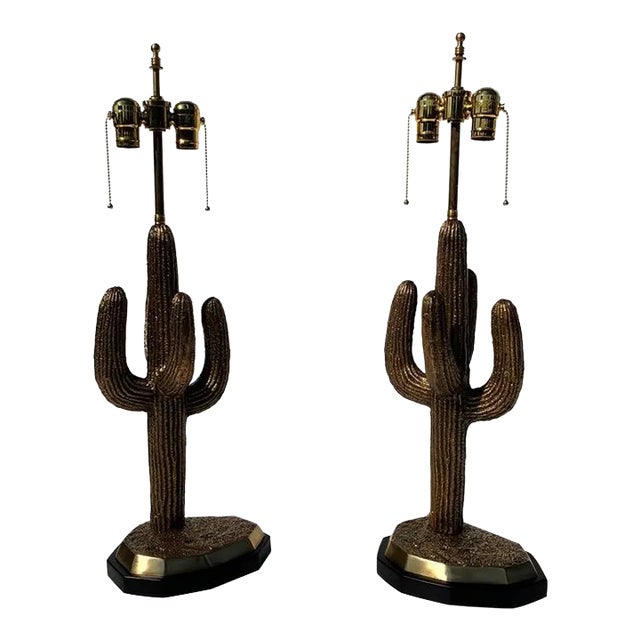 1970s Brass Saguaro Cactus Lamps - A Pair For Sale