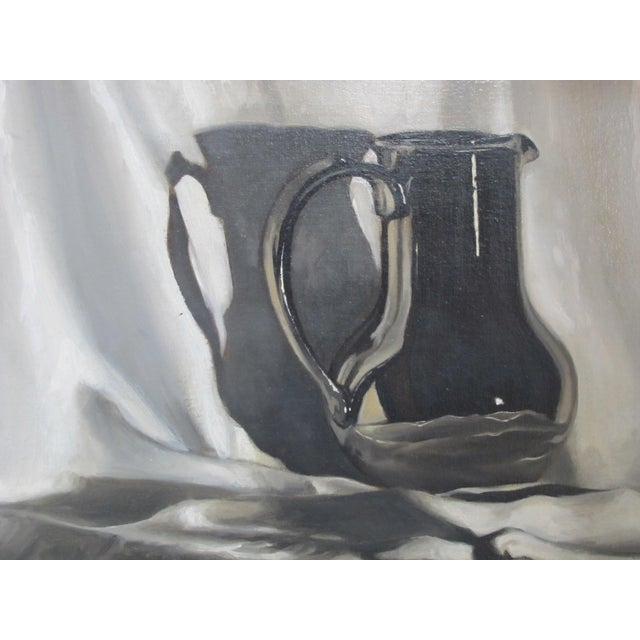 James Gillick (England b1972), oil painting on board, dark tones of still life with silver pitcher. Signed at lower right...