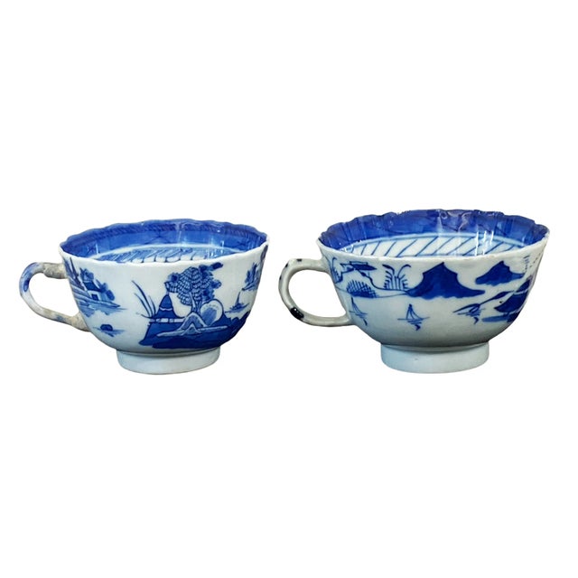 Antique Blue & White Canton Pagoda Pattern Tea Cups- Set of 2 For Sale - Image 11 of 11