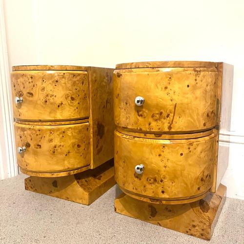 Art Deco Style Curved Burr Walnut Bedside Tables with Drawers, Set of 2 For Sale - Image 9 of 12
