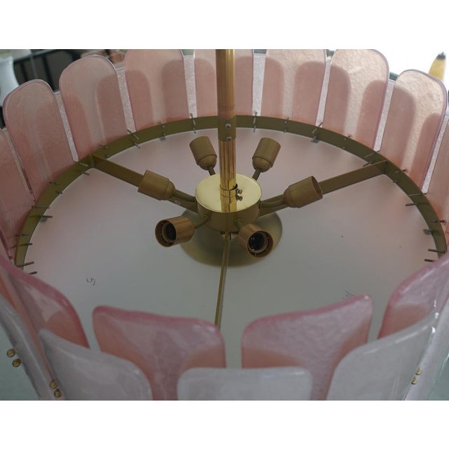 Mid-Century Round Pink Murano Glass and Brass Chandelier For Sale - Image 6 of 11