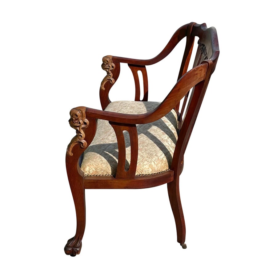 Late 19th Century Antique Art Nouveau Mahogany Settee With Figural