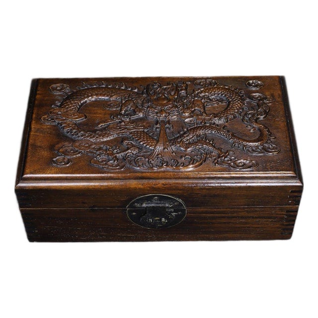 Vintage Rosewood Carved Dragon Treasure Box / Keepsake Box For Sale