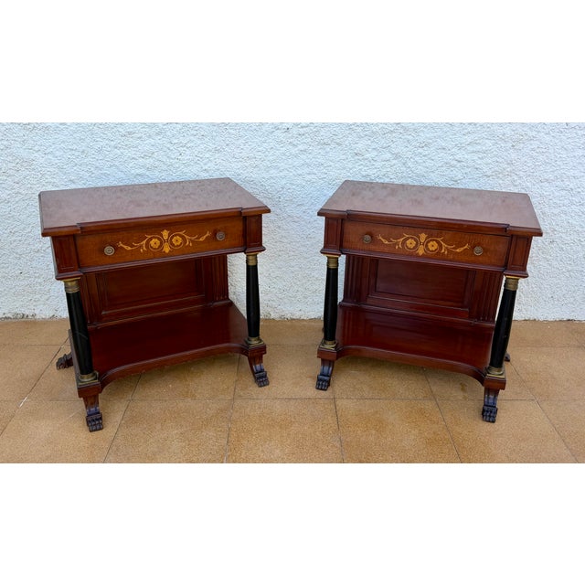 Traditional French Empire Wood Nightstands with Marquetry and Black Columns, 1935, Set of 2 For Sale - Image 3 of 15