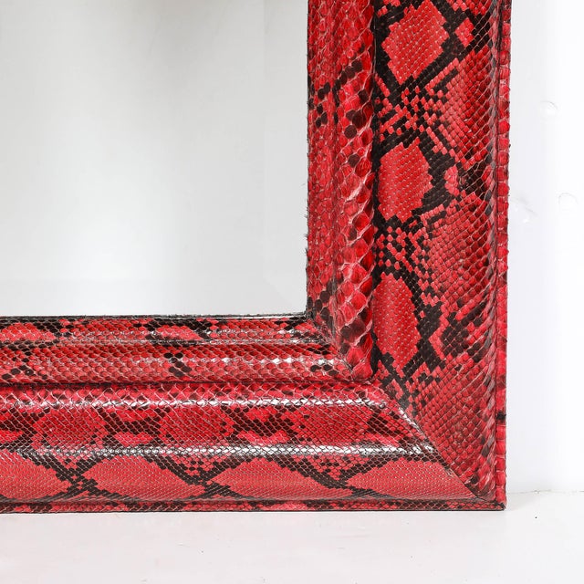 1980s Mid-Century Molding Mirror in Red & Black Python Leather by Karl Springer For Sale - Image 5 of 16