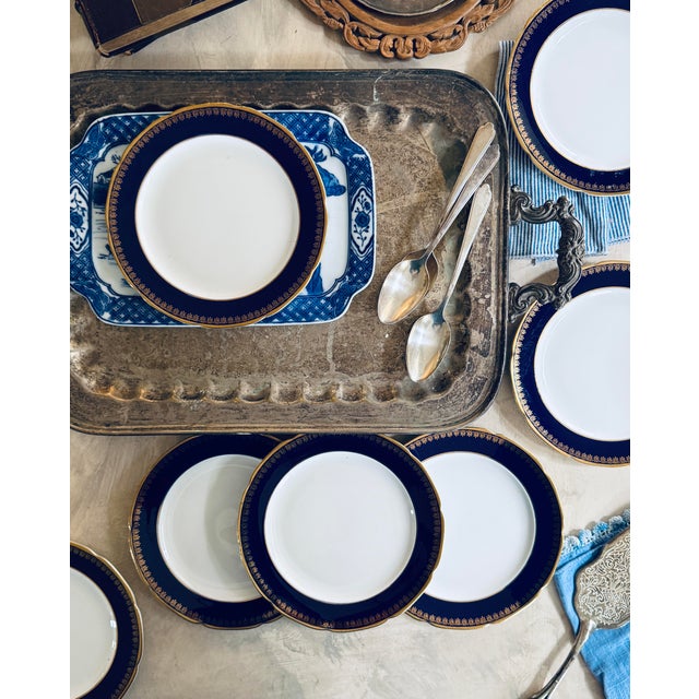 Blue Vintage Noritake Kokura Ware Cobalt Blue and Gold Rim 7.5 Inch Dessert Plates – Hand Painted Japan - Set of Seven (7) For Sale - Image 8 of 10