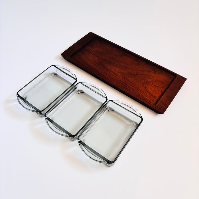 Gray Mid Century Teak and Glass Serving Tray Set For Sale - Image 8 of 9