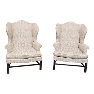Mid 20th Century Pair of Kittinger Colonial Williamsburg Mahogany Chippendale Style Wing Chairs Wa 1012 With Paisley & Velvet Fabric
