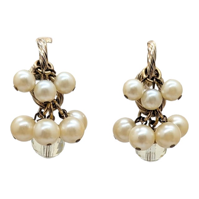 Vintage 1960s Signed Napier Faux-Citrine & Pearl Drops Clip Earrings-2 Pieces For Sale