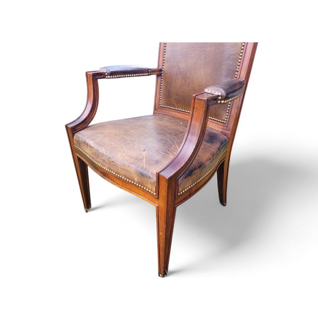 Wood Vintage English Leather and Mahogany Armchair, 1920s For Sale - Image 7 of 18