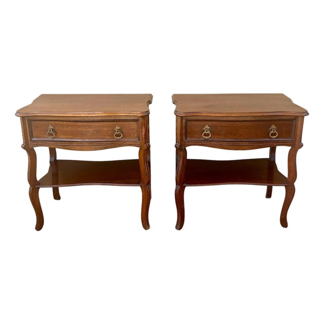 Pair of Spanish Wood Bedside Tables With Drawers and Lower Shelves, 1940s For Sale