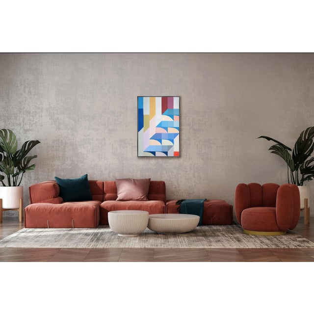 2020s 2025, Abstract Geometric Landscape in Vivid Tones, Space Age Influence, Staircase to Summit, Acrylic Paint on Watercolor Paper For Sale - Image 5 of 8