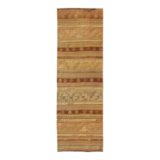 Vintage Turkish Kilim Runner Warm Earth Tones Gold Brown Wool Flatweave For Sale